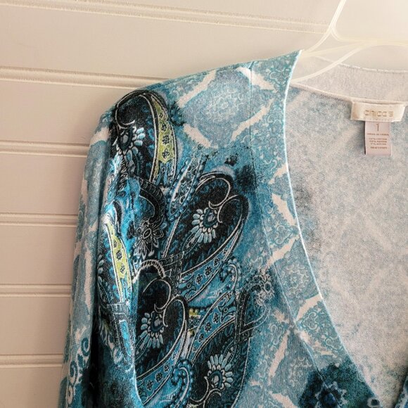 Chicos Cardigan Womens Medium Blue Print Longer Length Cotton Blend V Neck - Picture 2 of 7